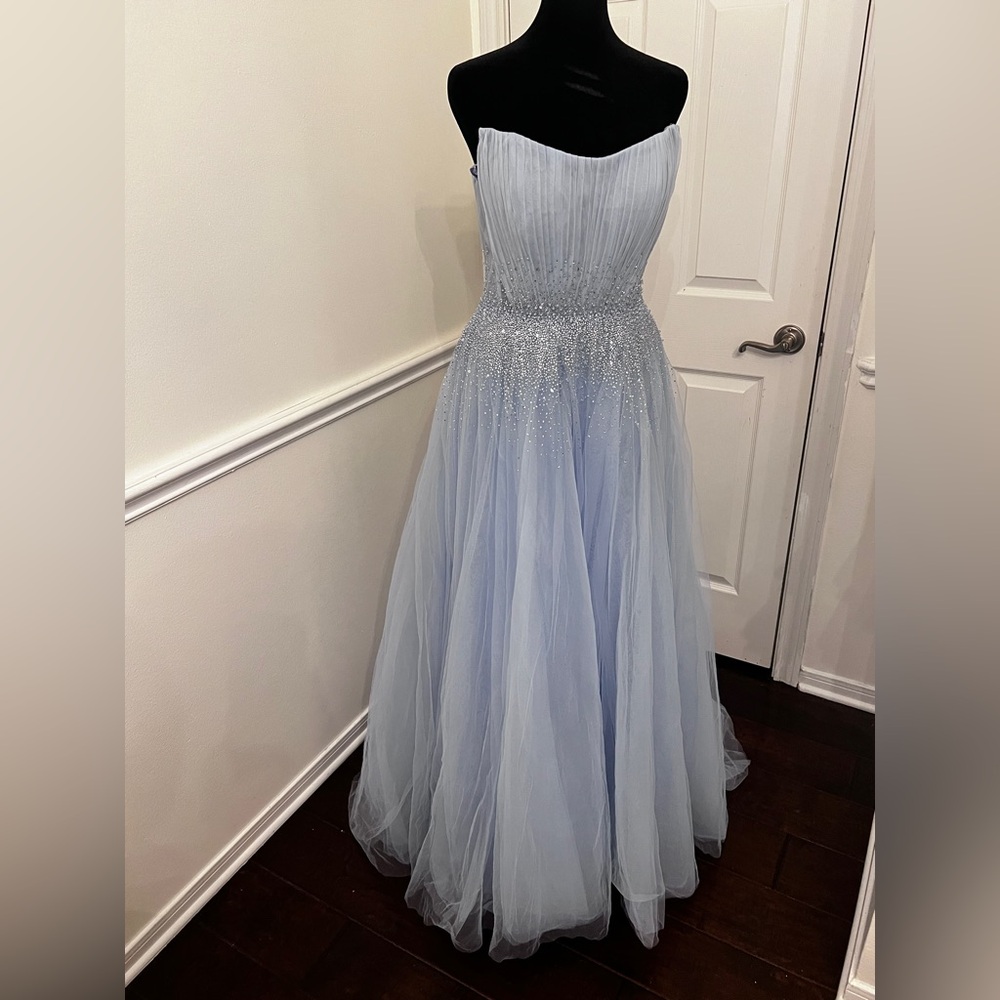 Strapless custom design baby blue crystal tulle gown- prom